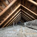 Attic space with insulation, exposed roof framing, and HVAC ductwork